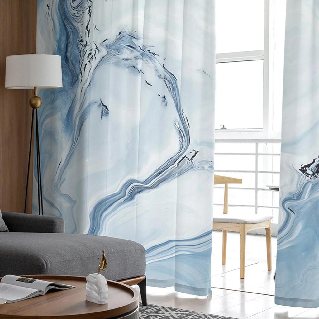 Marble Fluid Texture Blue Tulle Curtain For Living Room Bedroom Kitchen Decoration Window Voiles Tulle Curtain