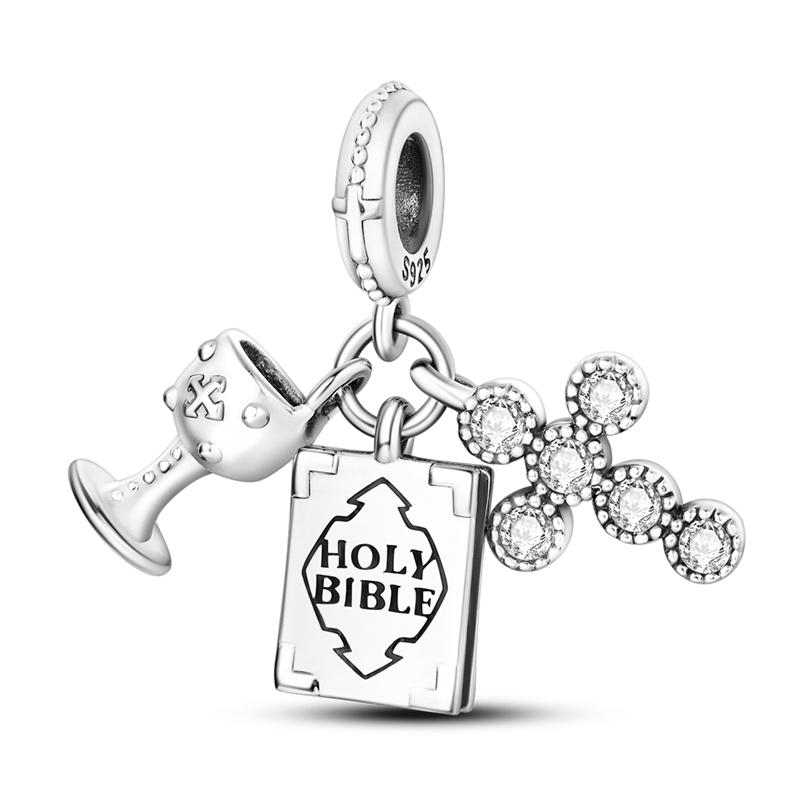 Cross Charms Fit Fashion Original Bracelets 925 Silver Pave Zircon Bible Bead Religion Holy Angel Safety Chain Charm DIY Jewelry