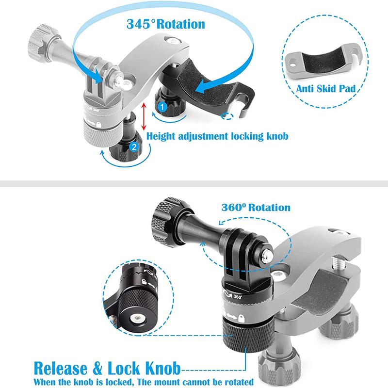 360 Degrees Rotary Aluminum Bike Bicycle Handlebar Mount for Gopro Hero 13 12 11 10 9 4Session 1/4 Screw Action Camera Mounting