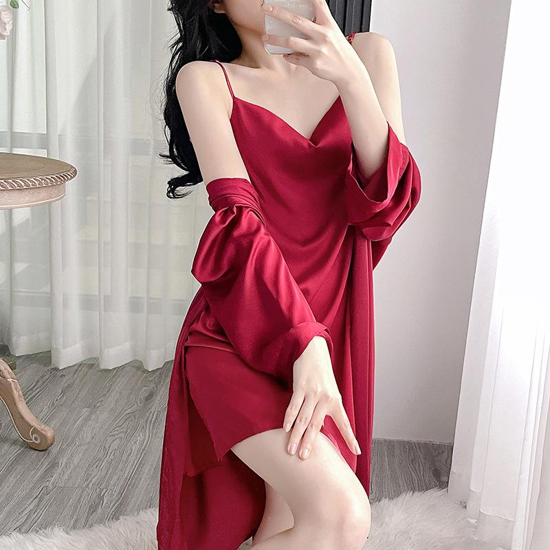 Пижама женская весна и осень тонкий отрезок ледяного шелка халат с длинными рукавами сексуальный V-образный вырез ночная рубашка комплект