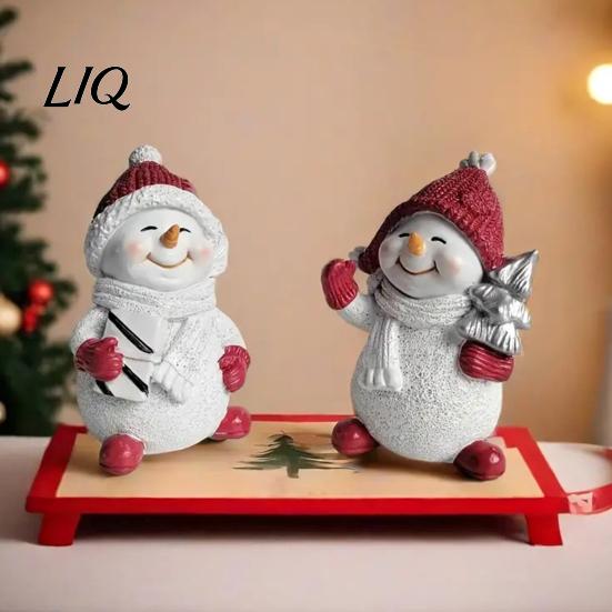 Holiday Tabletop Decorations 2Pcs Christmas Snowman Figurine, Cute Decor, Resin Snow Statue with Winter Theme Home Accents Knit Hat Scarf for