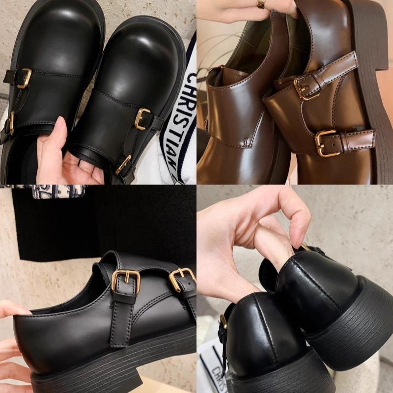Double Buckle with Round Head and One Pedal, Ugly and Versatile Autumn Retro Big Head Leather Shoes for Women