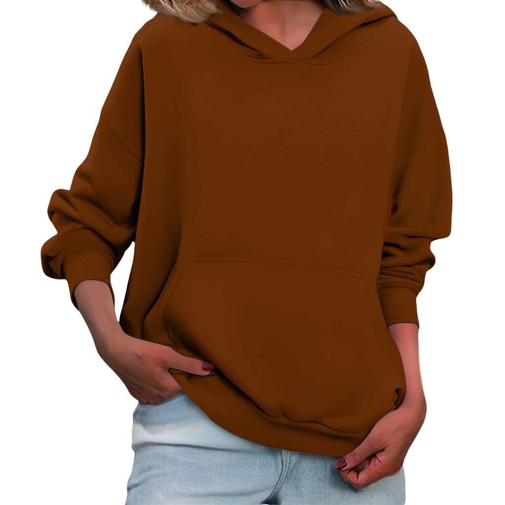 Women's Loose Long Sleeved Solid Color Casual Fleece Pullover Hooded Sweatshirt