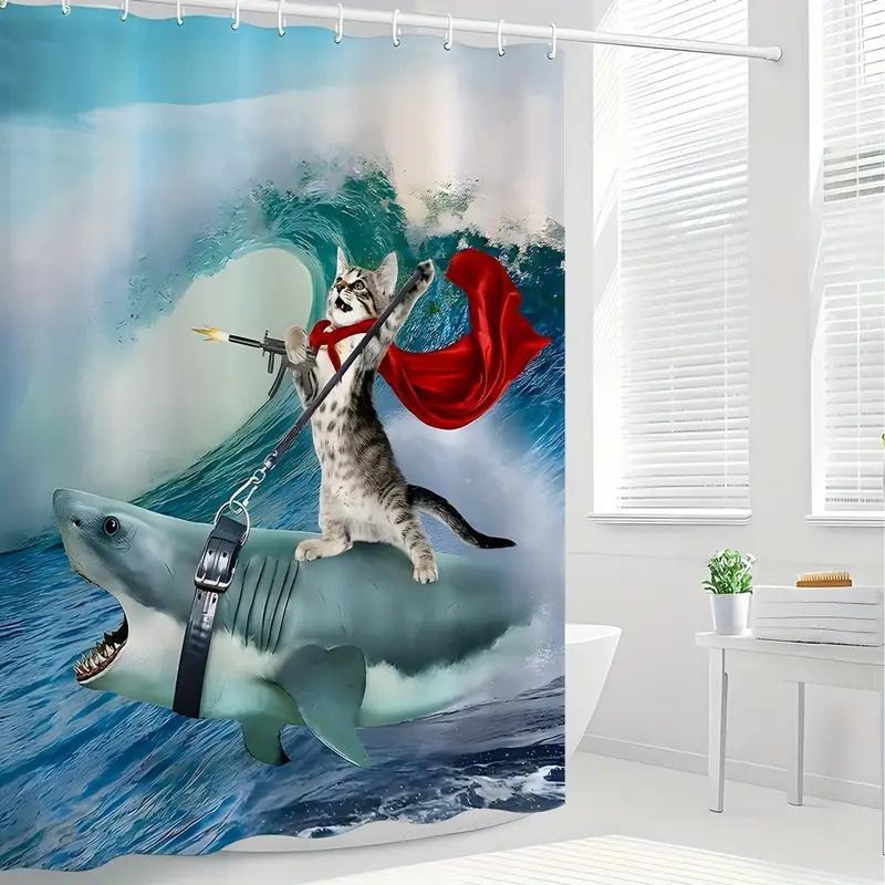 Смешная шторка для душа с котом, тема океана с акулой, уморительная, крутая, забавная, синяя океанская волна, животное, морская, кит, декор для ванной комнаты для мальчиков