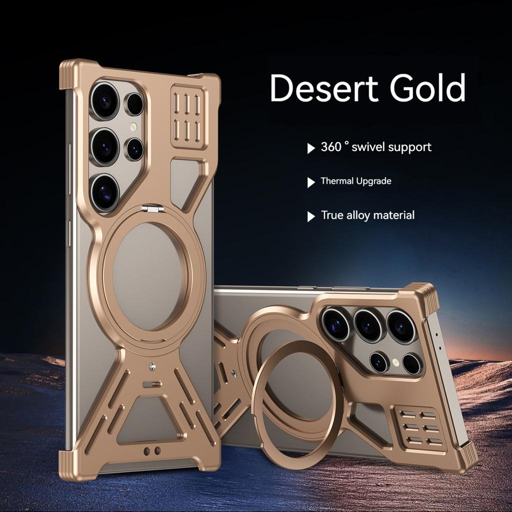 Titanium Alloy Frameless Phone Case For Samsang Galaxy S25 S24 S23 Ultra Aluminum Alloy Bumper Magnetic Rotation Holder Cover