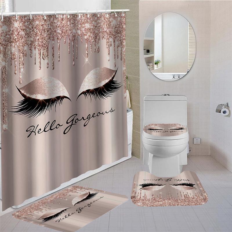 Girly Rose Gold Eyelash Makeup Shower Curtain Waterproof Toilet Cover Non-Slip Bath Mat Rug Carpet Toilet Seat Bathroom Sets