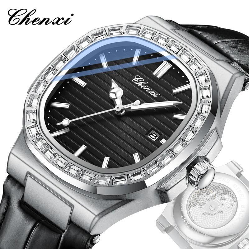 Chenxi Мужские часы Роскошные Водонепроницаемые Светящиеся Кожаные Часы Спорт Кварцевые Часы Прозрачная Задняя Крышка Дата Бизнес Наручные Часы