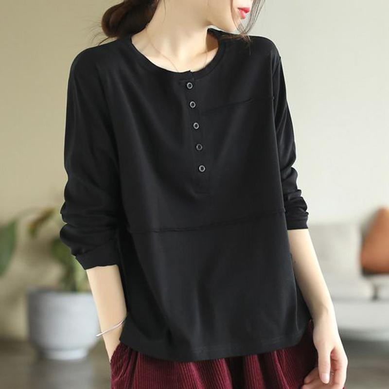 Женская мода винтажные однотонные пуговицы с длинным рукавом простые футболки весна осень простые повседневные свободные пуловеры с круглым вырезом