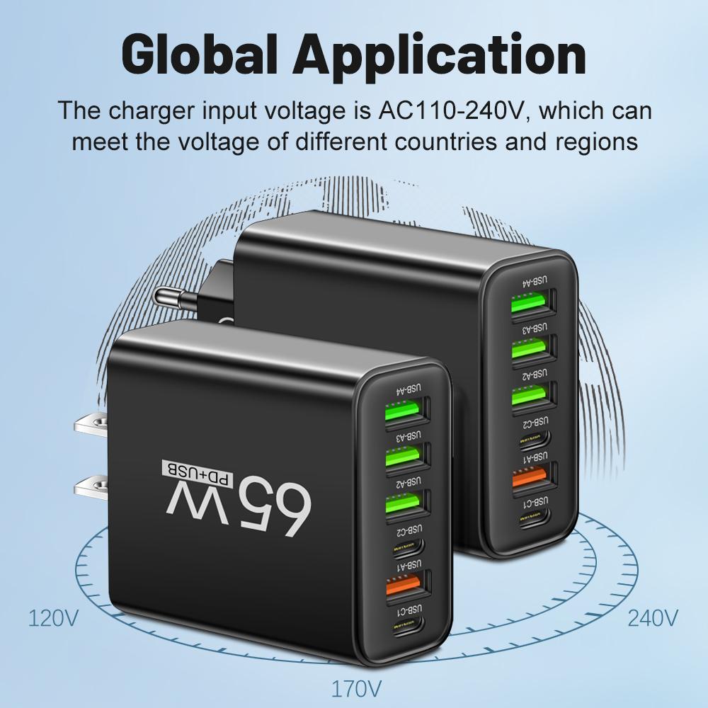 Всего 65 Вт 6 в 1 4 USB 2 Type C быстрая зарядка быстрое настенное зарядное устройство для iPhone Samsung Xiaomi Oppo мобильный телефон адаптер