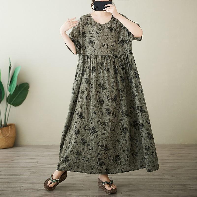 Короткий рукав Плюс размер Хлопок винтажный цветочный новый в платьях для женщин повседневное свободное макси длинное летнее платье