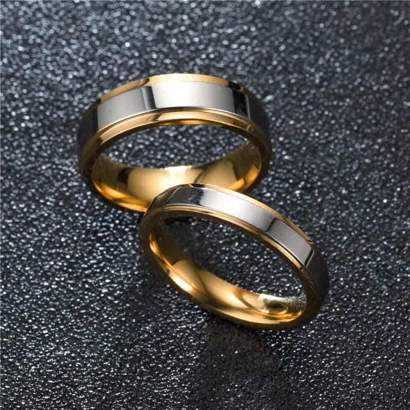 1pc Fashion New High-end Double Step Mirrored Intermediate Golden Stainless Steel Ring For Couples
