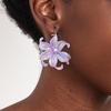 Minimalist Translucent Acrylic Six-Petal Flower Earrings with Pearls In Purple-White.