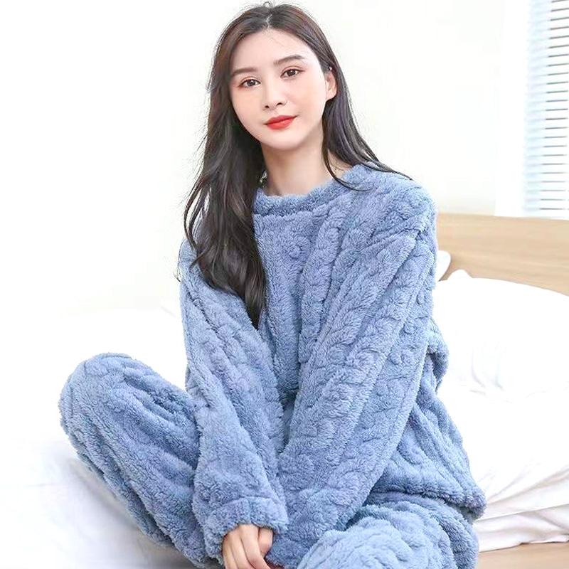 Женские терможаккардовые длинные брюки, однотонные пижамные комплекты из кораллового флиса, пуловер, повседневная одежда для сна