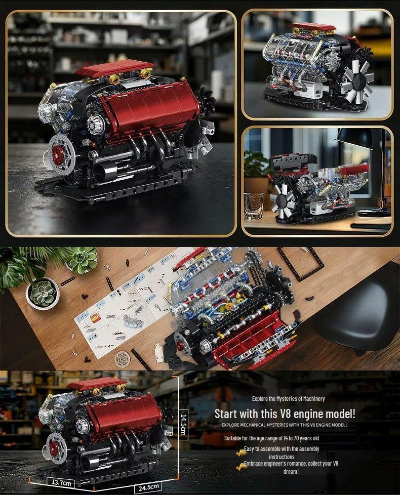 Механическая модель двигателя V8 для конструктора - Подарок для мальчиков от 10 лет