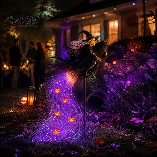 Waterproof Resin Witch Figurine Solar Halloween Garden Stake Light, Metal Flying Broomstick Outdoor Decorations Pathway Light with Waterfall