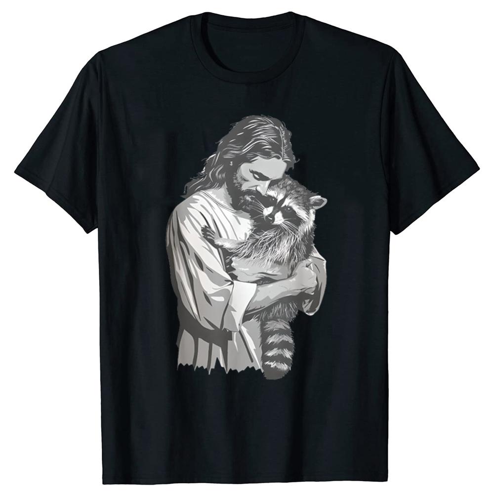 Funny Racoon Lover Trash Christian Jesus T Shirts Cotton Streetwear Birthday Gifts Mens Fashion Casual Loose Oversized T Shirt