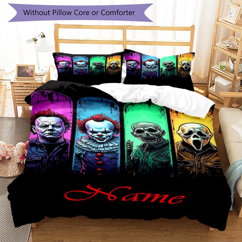 3pcs Custom Name Halloween horror Bedding Set Duvet Cover Closure Includes 1 Duvet Cover & 2 Pillowcases, Soft and Comfortable for All Seasons.