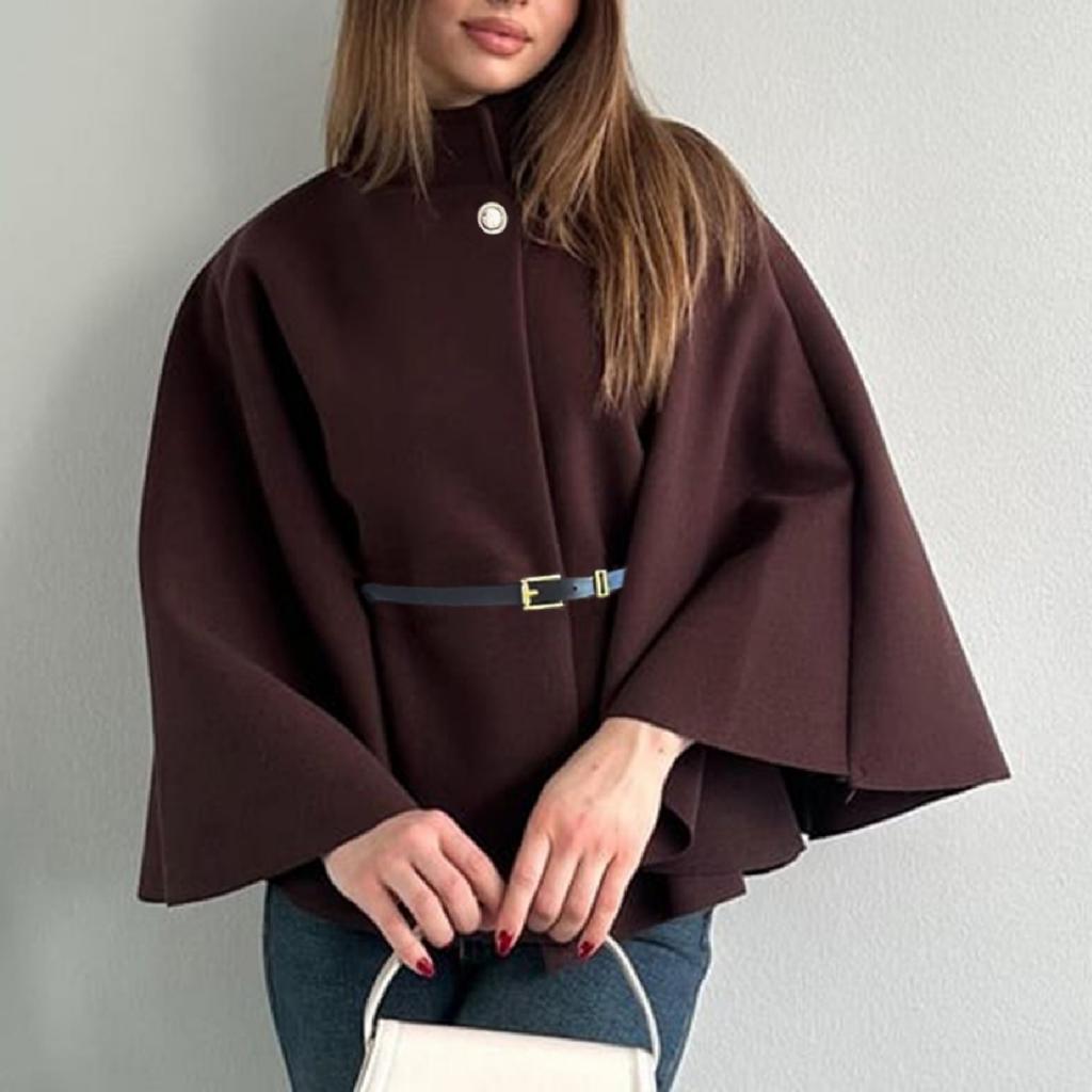 Women's Fashion Solid Waist Tie Woolen Cape Coat