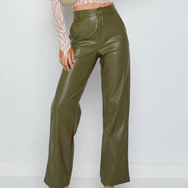 Women Solid Fashion Faux Leather Pants Slim Casual Trousers