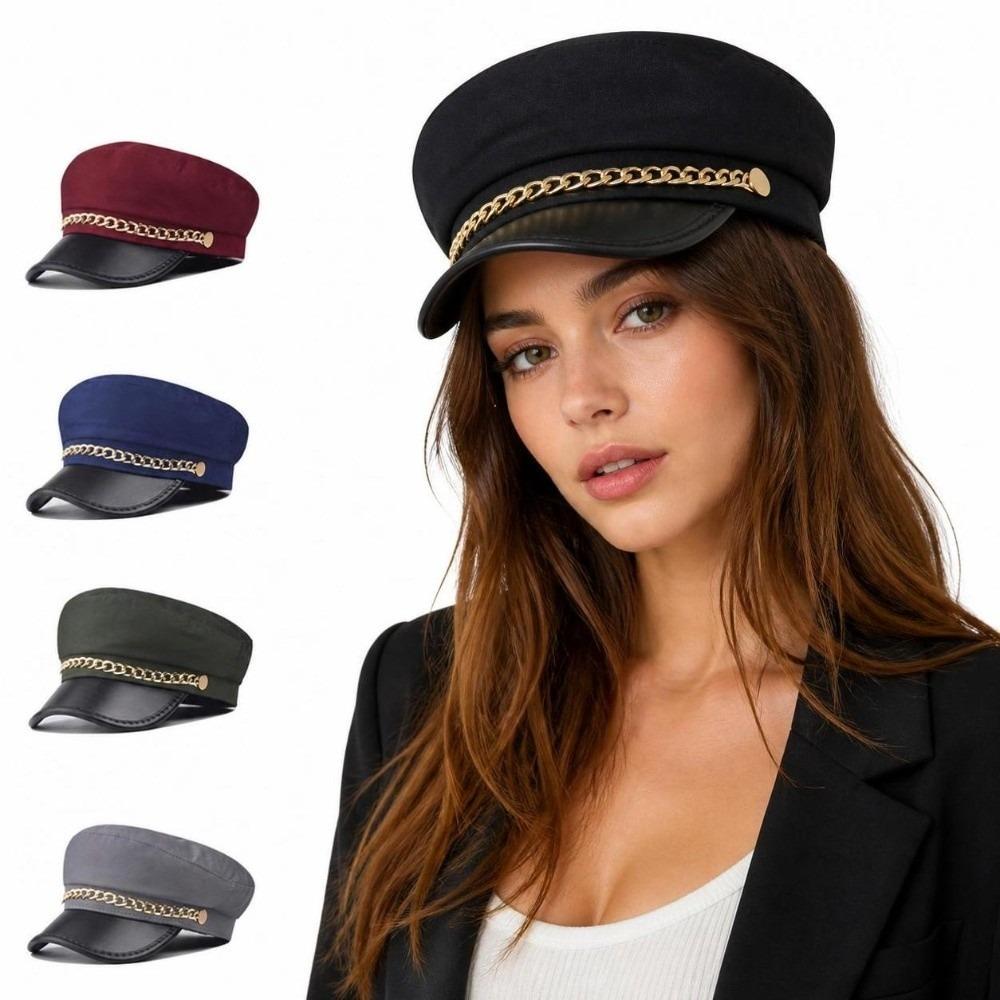 Short Brim Beret Hat PU Leather Peaked Cap Retro Flat Top Cap  For Women