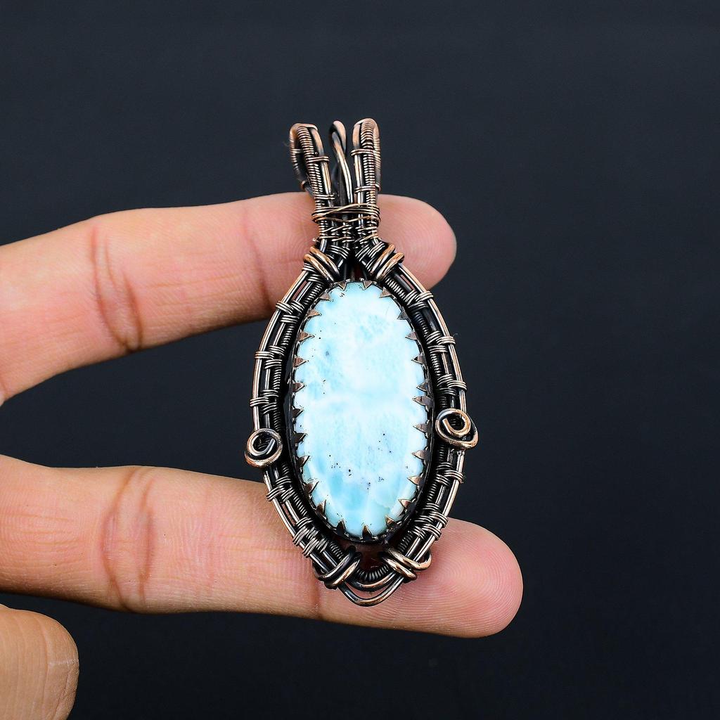 Причудливый кулон драгоценного камня Ларимар чистая медная проволока обернутая ювелирные изделия ручной работы для подарка