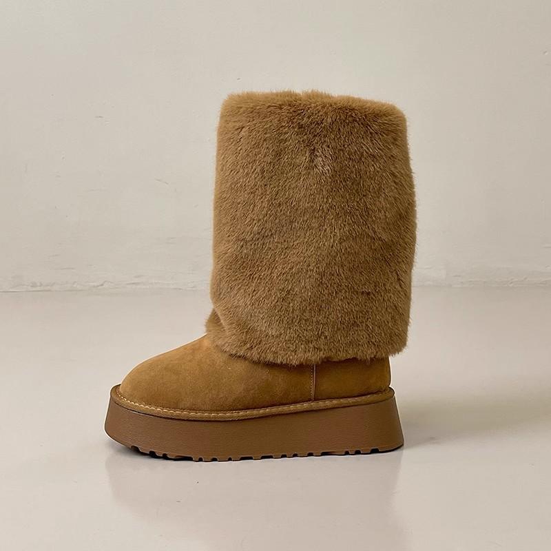 Модные женские сапоги в корейском стиле с мехом 2024 года, новые зимние плюшевые теплые женские сапоги до середины икры, повседневные зимние сапоги на платформе для отдыха на открытом воздухе