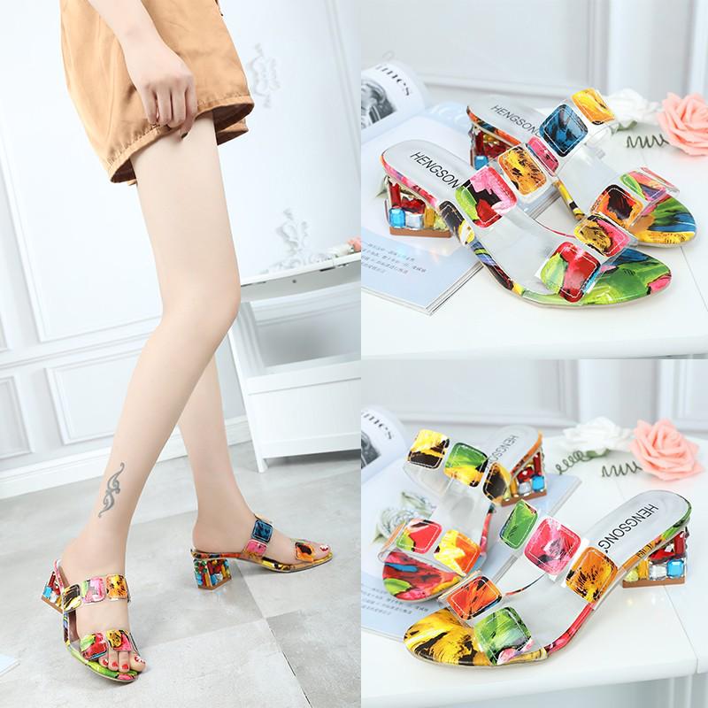 2025 Women's Colorful Chunky Heeled Sandals Rhinestone Decor Slip On Open Toe Mid Heels Stylish Daily Wear Sandals