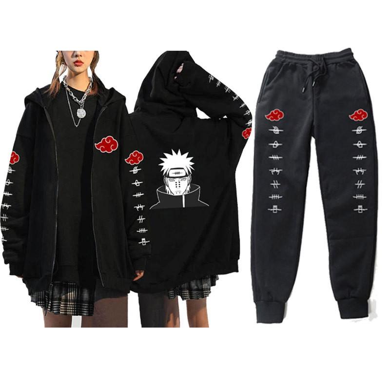 Мужской спортивный костюм Naruto с капюшоном на молнии, на флисовой подкладке, повседневный, свитшот с длинным рукавом и брюки