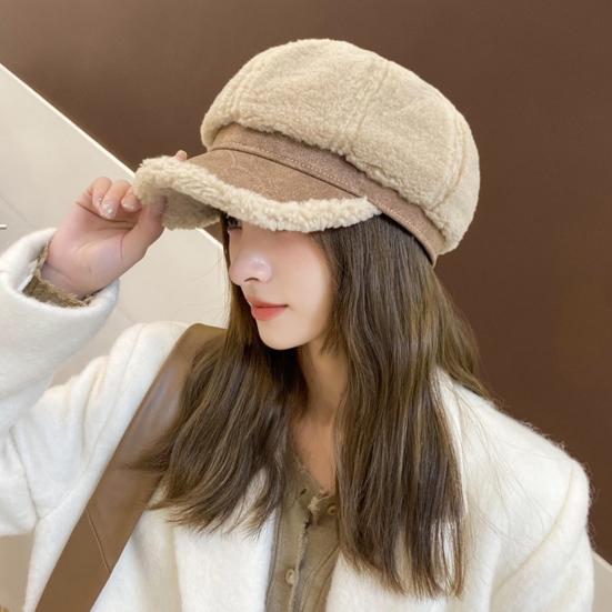 Winter Octagonal Cap Thick Plush Short Brim Contrast Color Keep Warm Peaked Cap Literary Retro Style Headwear for Work Travel Daily Wear