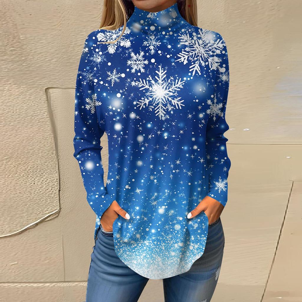 Женская модная повседневная футболка с длинным рукавом с высоким воротом и принтом, пуловер, топ