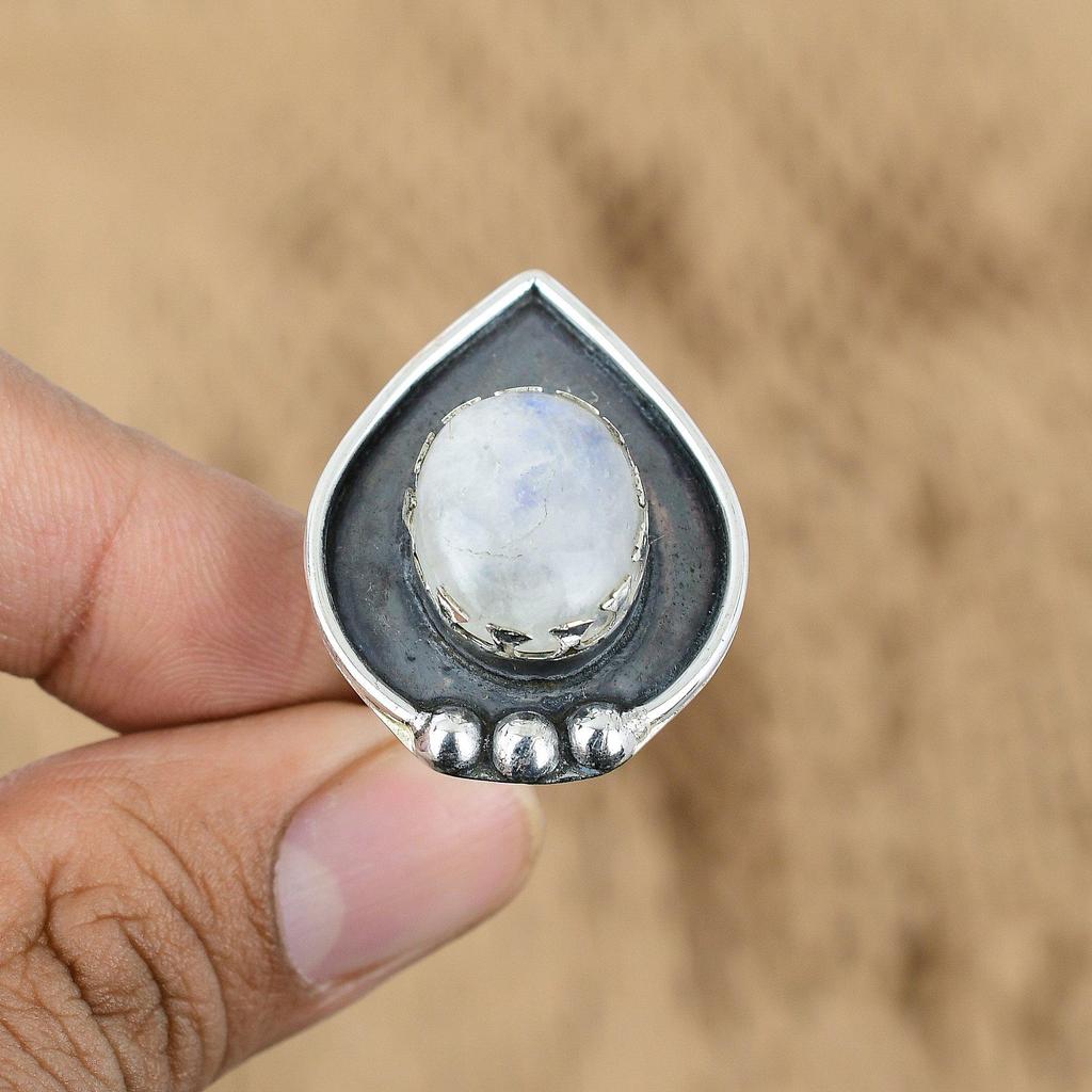 Natural Rainbow Moonstone Gemstone Promise Adjustable Ring 925 Silver For Women