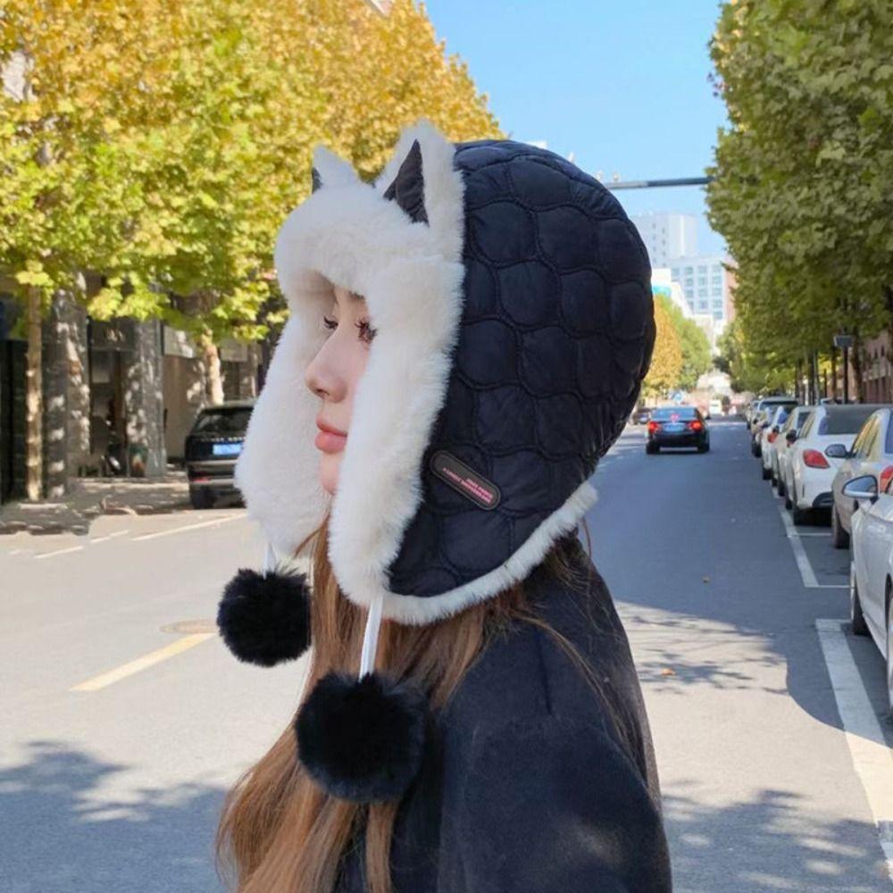 Keep Warm Plush Beanie Hat Windproof Ear Protection Hat Soft Cat Ear Pullover Hat  Ladies