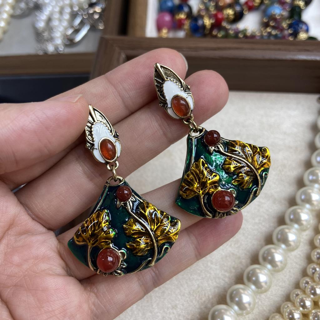 Веерные серьги цвета ветровой эмали в этническом стиле, высококачественные уши из настоящего золота S925 с покрытием из старой меди