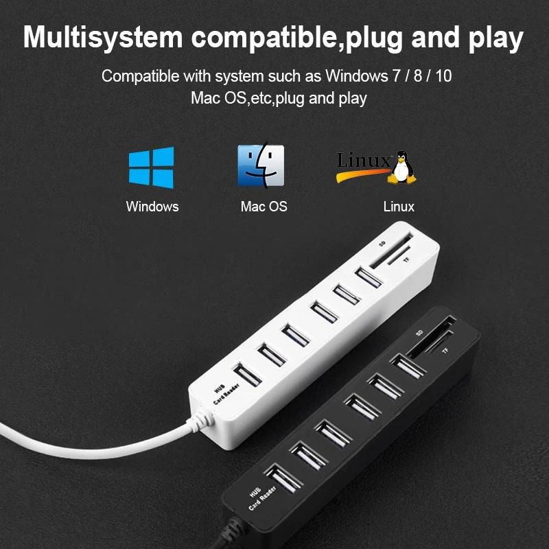 USB-концентратор, 6-портовый адаптер-расширитель, USB-разветвитель 2.0, хаб-концентратор, устройство чтения карт для ПК