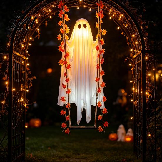 Autumn Porch Hanging Ornaments Halloween Swing Ghost Light Up Outdoor Swinging Ghost with Maple Leaf Remote Control Prop Vine Lights And for