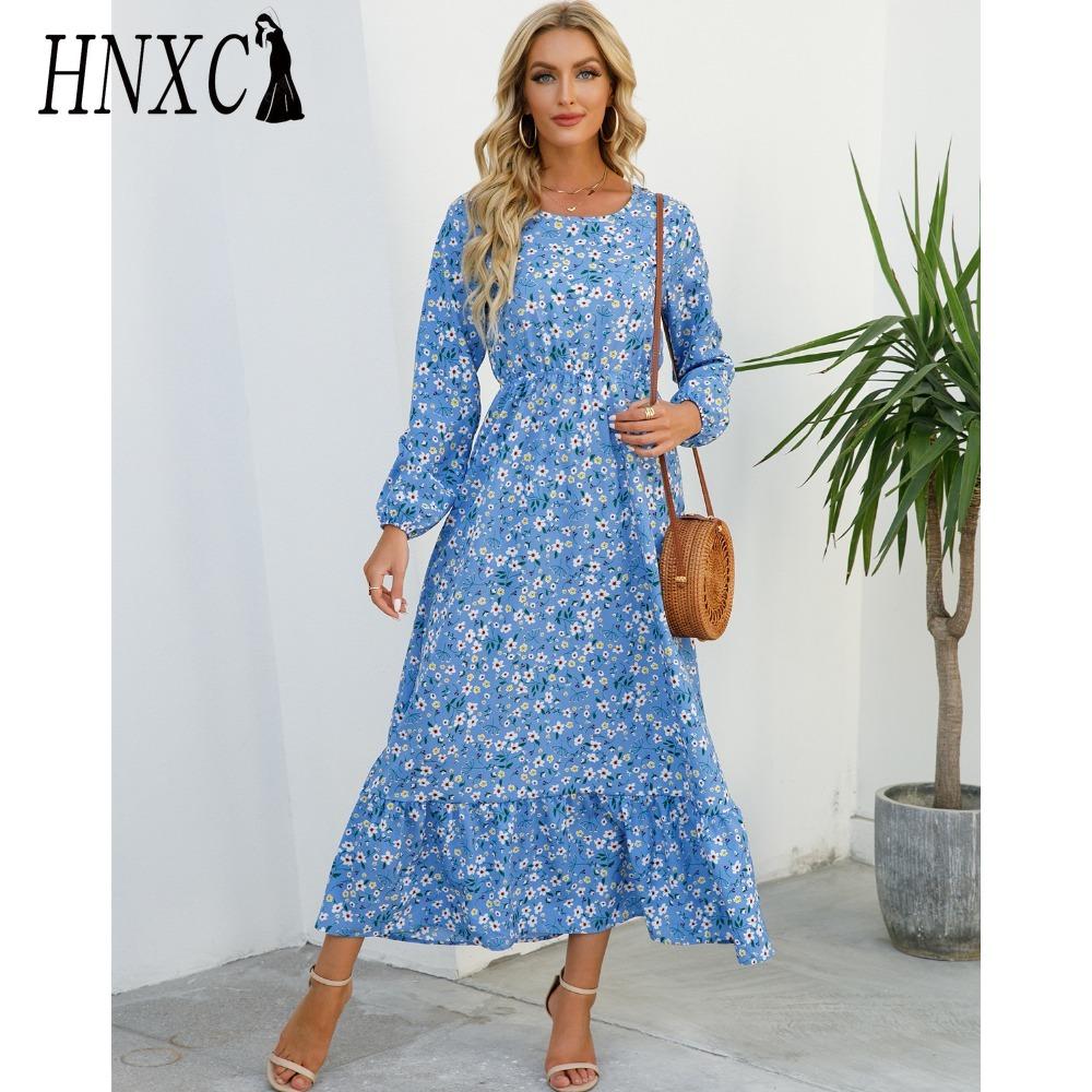 HNXC Весна Лето Богемный Женское Макси Платье Повседневный Длинный Рукав Высокая Талия Пляжное Платье Женские Цветочные Шифоновые Платья Vestidoes Mujer Новинка