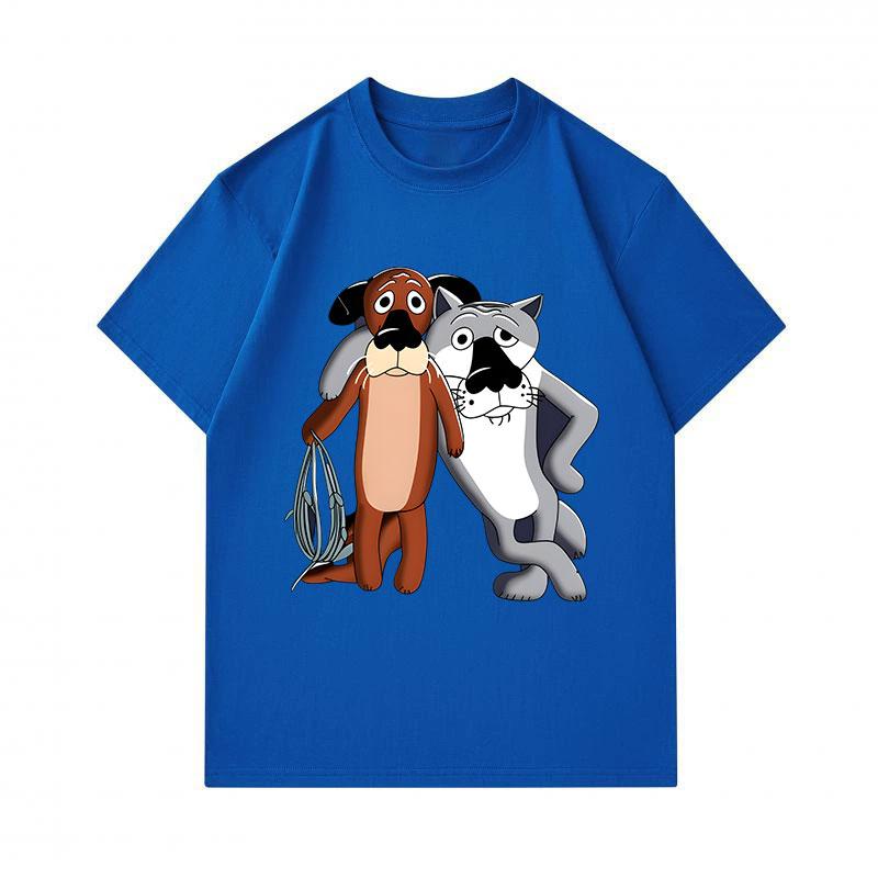 Men's 100% Cotton Crew Neck Short Sleeve T-Shirt, Funny Cartoon Brown Dog Grey Cat Printed Casual Comfortable Tee, Lightweight Summer Daily Wear Graph