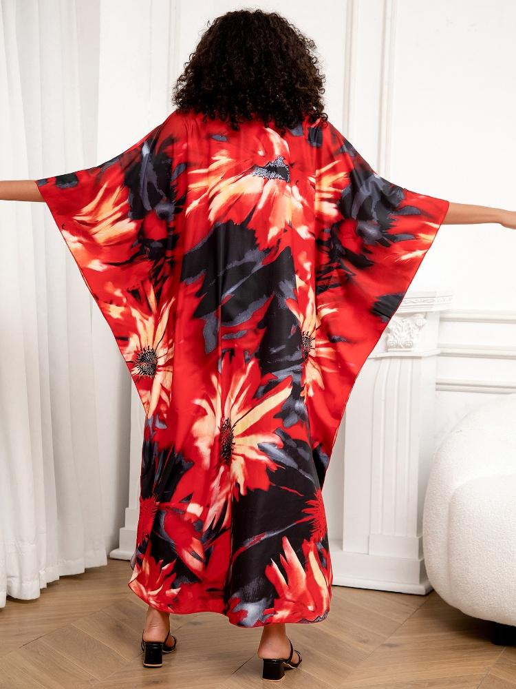 EDOLYNSA Red Bohemian Long Dress Relaxed Women's Kaftan Printed Holiday Cover Up Bat Sleeves Casual House dress