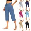 Women  Elastic High Waist 3/4 Pant Casual Active  Fit Wide Capris Leg Pants Trousers With Pockets
