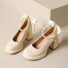 New Mary Jane Round Head Thick High Heels Shoes for Womens Pumps French Retro Platform Pearl Bow Ankle Strap Shoe Sandals
