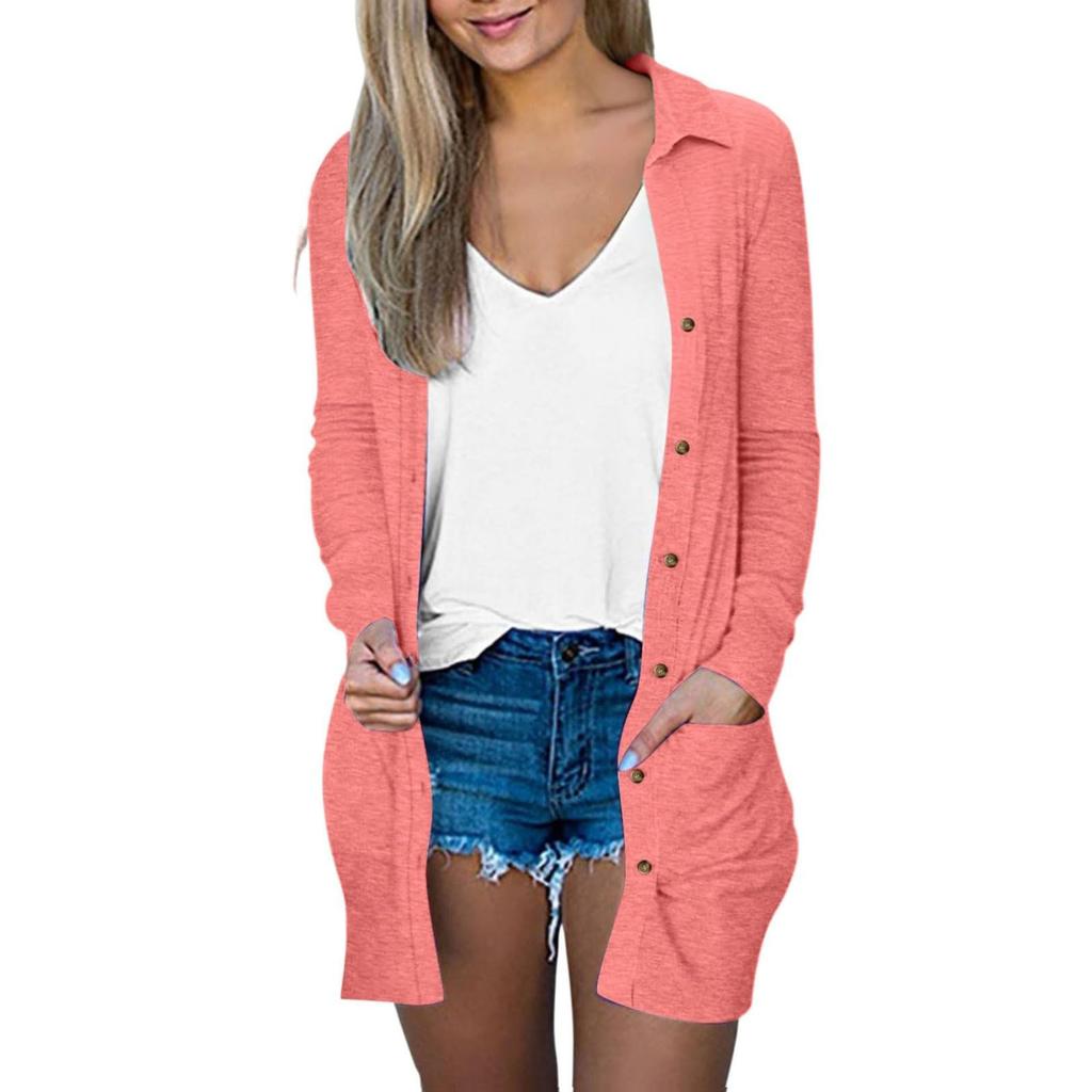 Women's Fashion Cardigan Lightweight Long Sleeve Button Loose With Pocket Solid Color Jacket