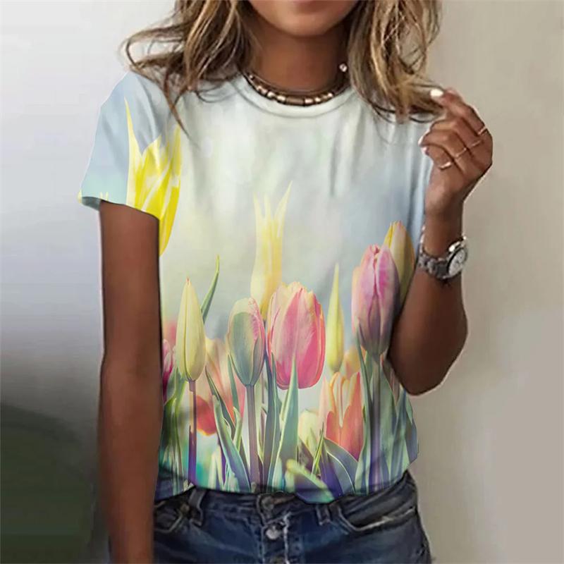 Летний топ с круглым вырезом и 3D-цветочным принтом, модные повседневные женские футболки с короткими рукавами