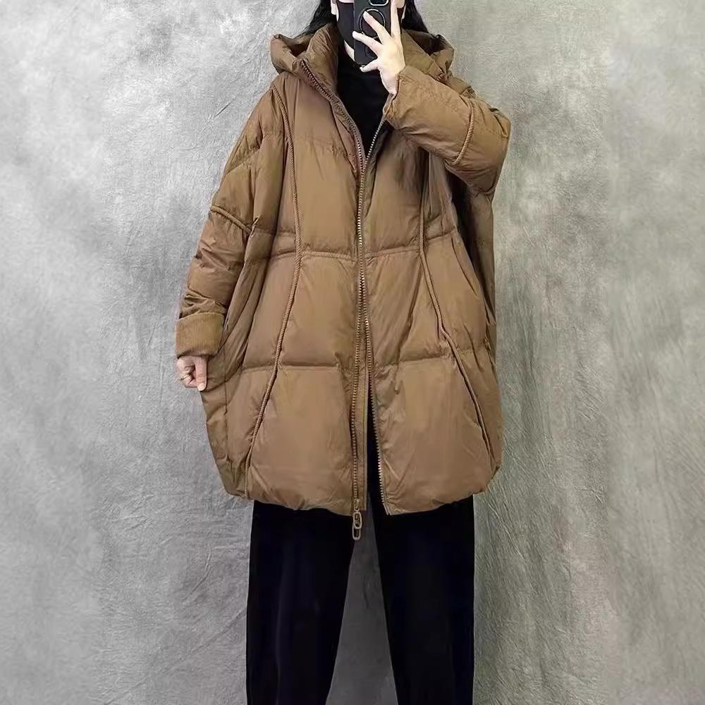 High-end down jacket women's new loose large size thickened hooded white duck down medium and long thermal jacket