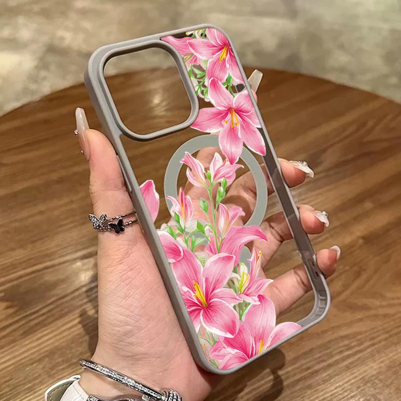 Прозрачный магнитный чехол для телефона с узором из розовых лилий для iPhone 17 16 15 14 13 12 Pro Max Plus 11 17Air 17E 16E Прозрачная крышка