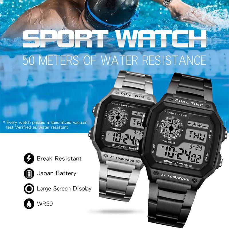 Наручные часы из нержавеющей стали, мужские цифровые спортивные часы с квадратным лицом и будильником, секундомер