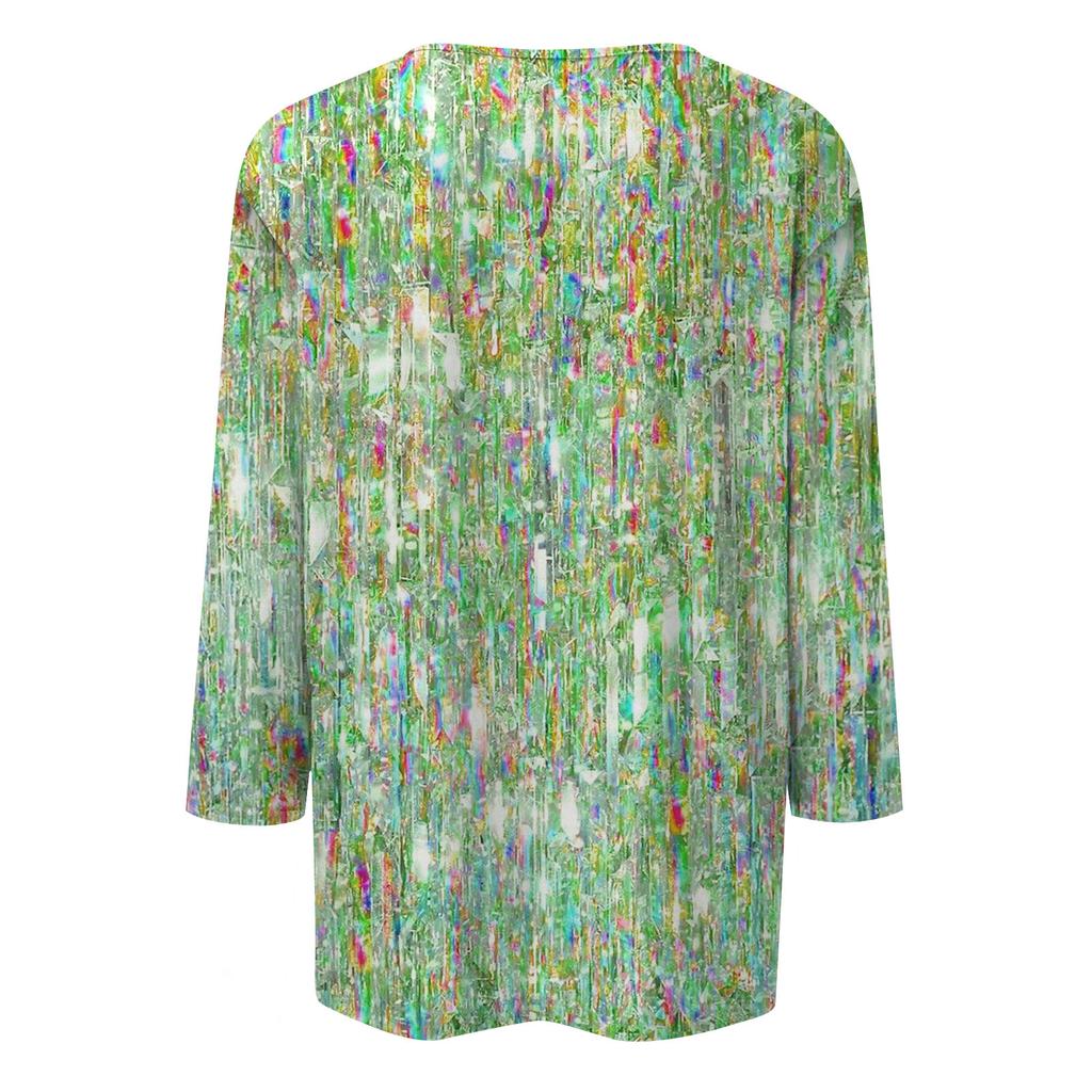 Женская мода с блестками и принтом с семью точками, рукавами и круглым вырезом, на пуговицах, топ