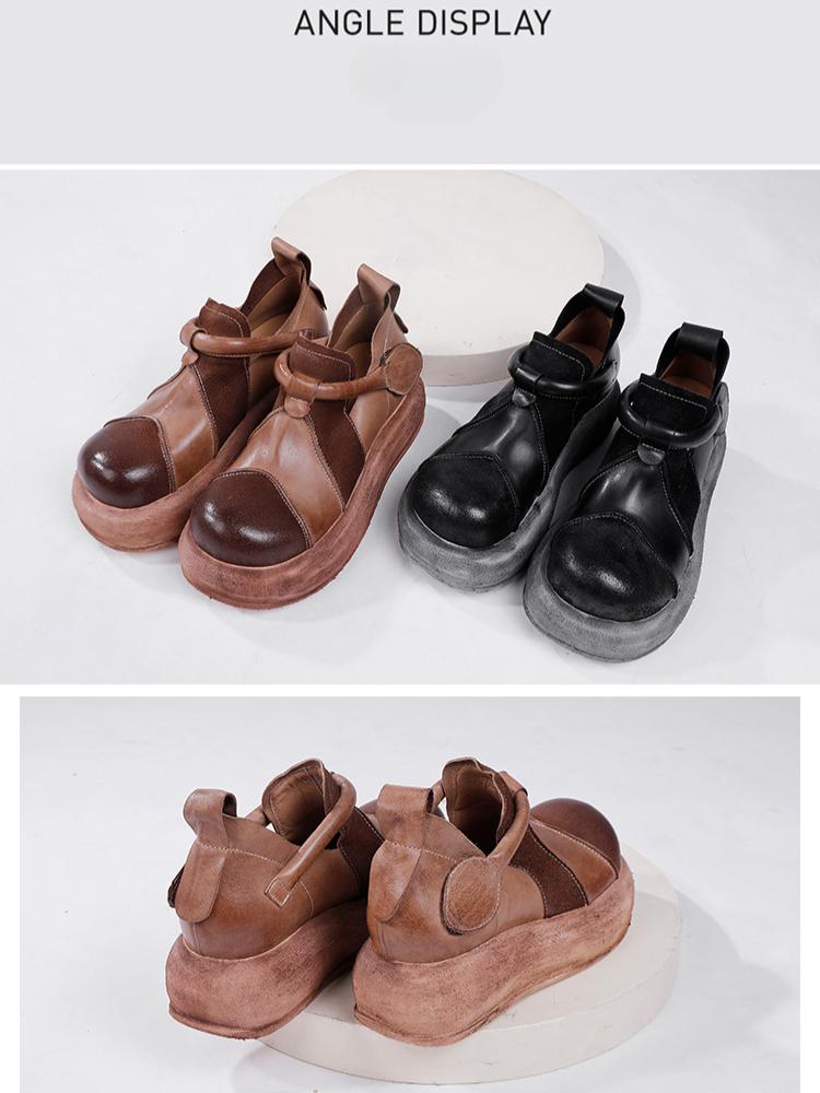 Johnature Genuine Leather Women's Flat Platform Shoes Versatile Vintage Round Toe Thick Soled Shoes