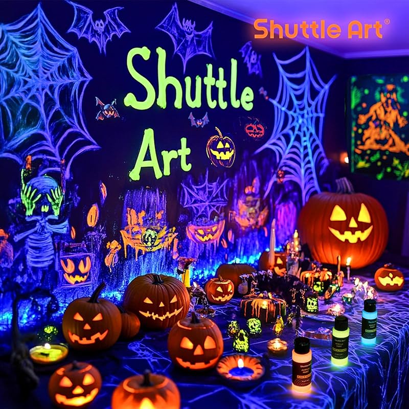 Shuttle Art acrylic paint paint that glows in the dark 12 color set 60ml With UV black light Luminous color Self-luminous neon paint for halloween