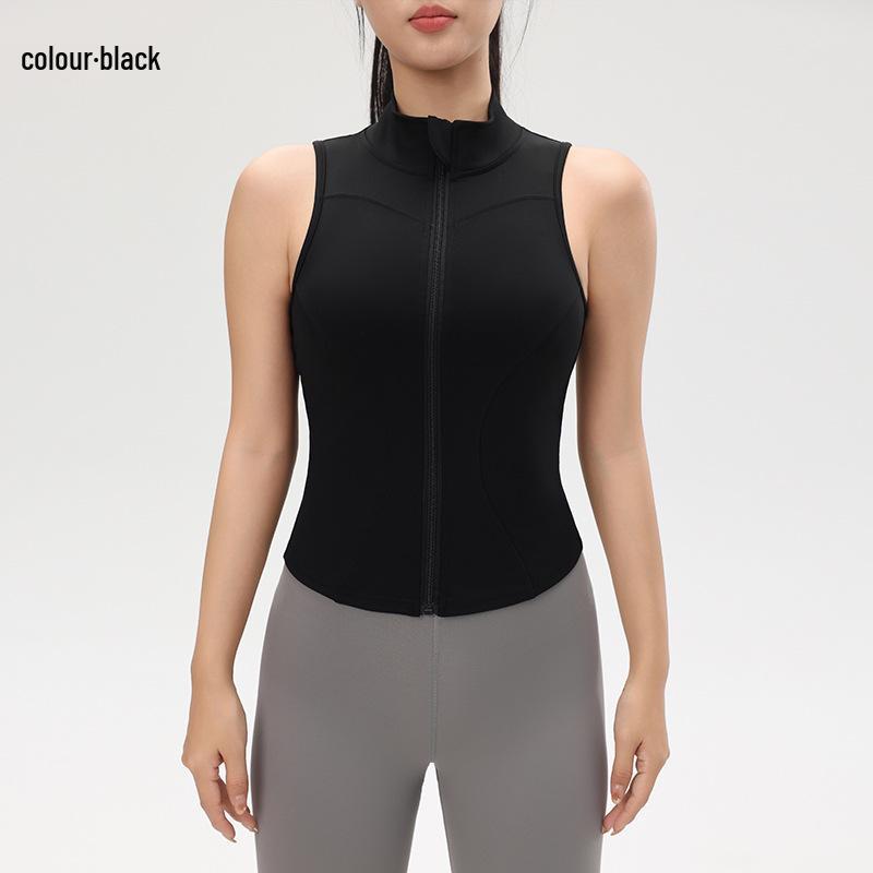 Топ для йоги телесного цвета на молнии, амортизирующий, для женщин - Приталенный, без рукавов, со стойкой воротником, для летних видов спорта на открытом воздухе.