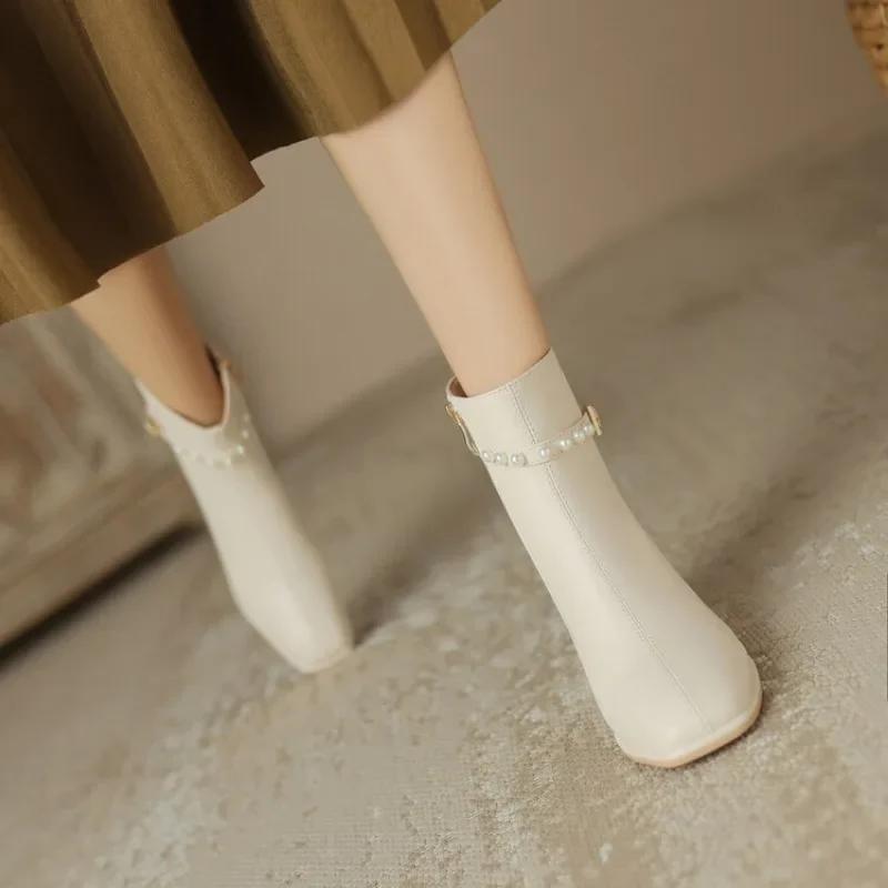Autumn and Winter New Styles Fashion High Heels Women's Boots Sweet Pearl Square Head Zipper Square Heel Women Boots High